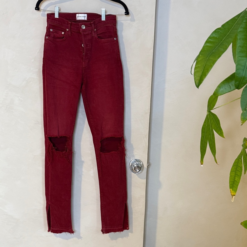 Cotton Citizen Burgundy Distressed Skinny Jeans